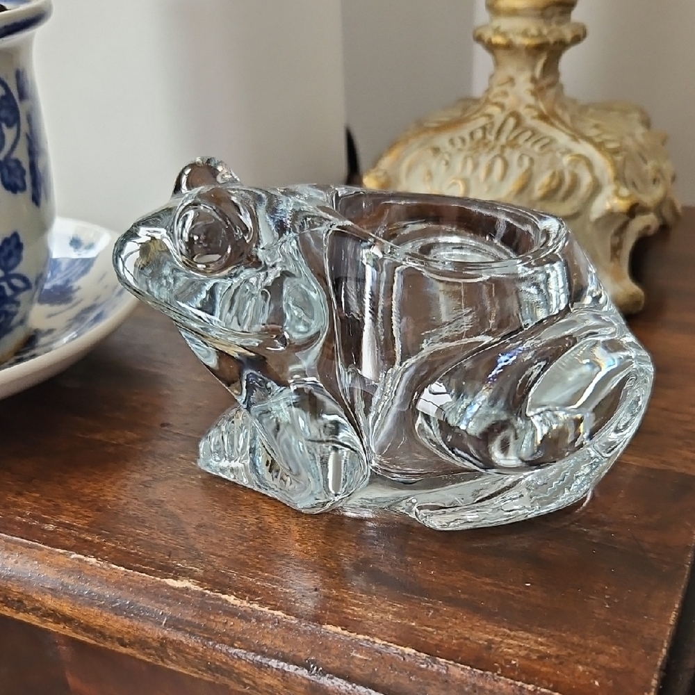 Clear Glass Frog Candle Holder - Indianna Glass Co. - Vintage